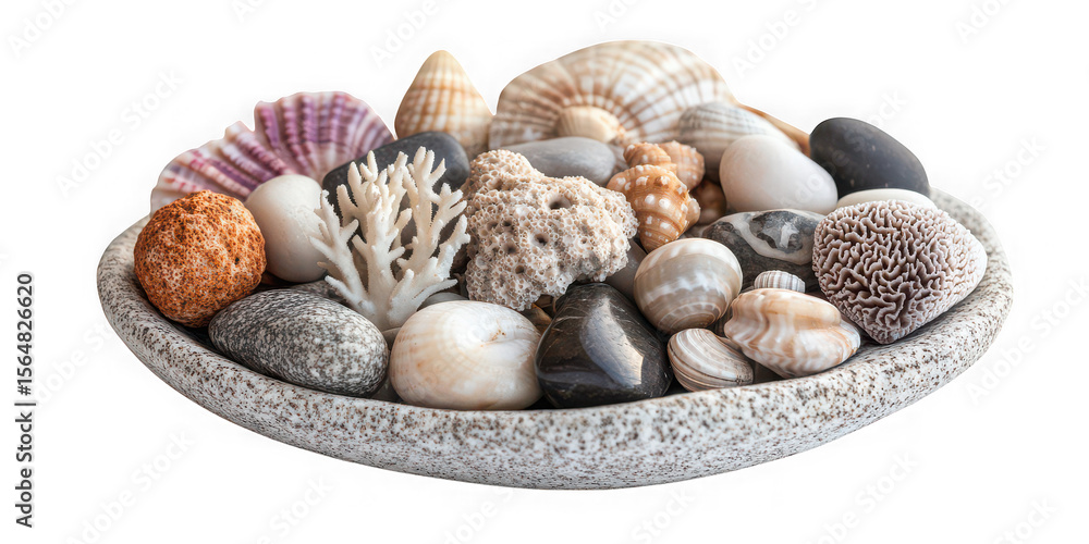 Obraz premium Coastal Bowl of Seashells, Pebbles, and Coral Decor png transparent background 