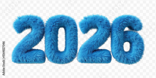 realistic 3d hairy fluffy font number 2026 in different colour style  isolated on transparent background