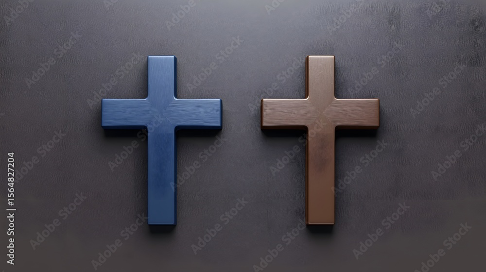 Obraz premium Blue and Brown Wooden Crosses on Dark Background Religious Symbol