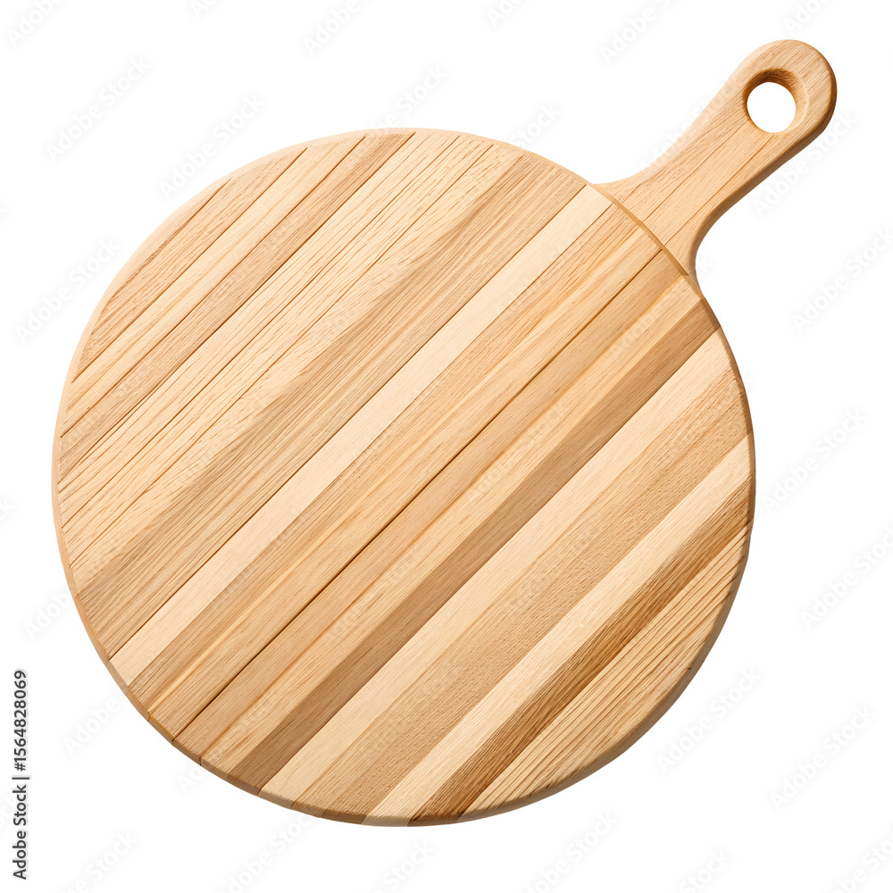 Round wooden cutting board with handle and hanging hole isolated on transparent background Round wooden cutting board with handle and hanging hole isolated on transparent background