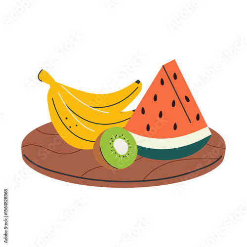 Fruits on a wooden plate. Slice of watermelon, kiwi, and bananas. Natural summer snacks. Flat vector illustration. Isolated.