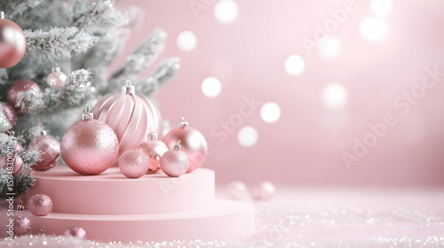 Elegant pink christmas scene with tree ornaments and bokeh lights background