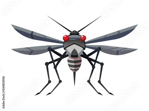 Stylized cartoon mosquito with large red eyes and striped body on a white background
