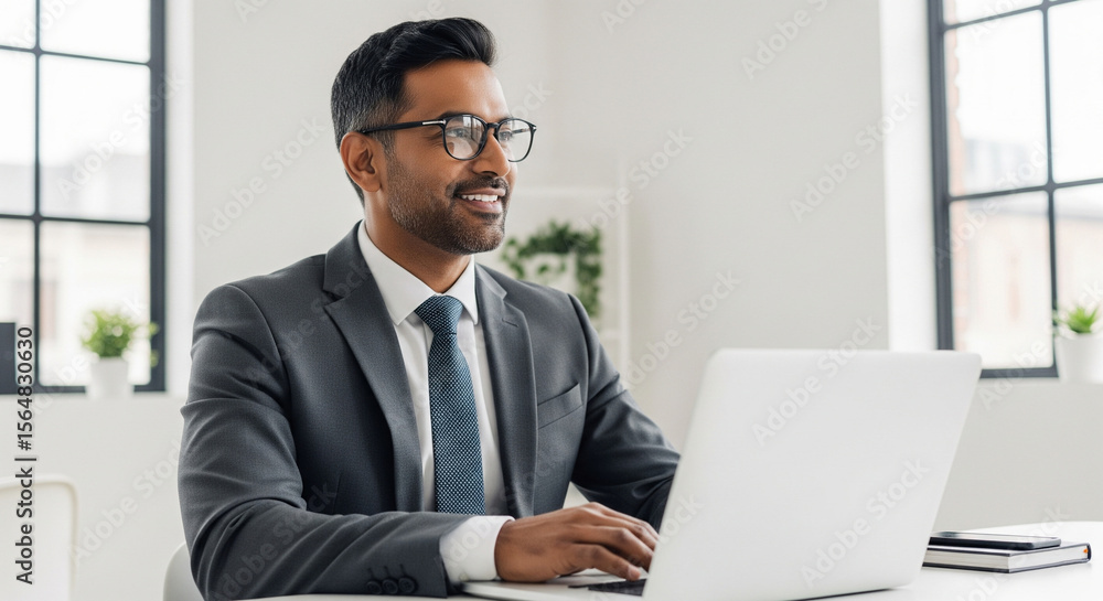 Successful Indian businessman in a suit and tie working on a laptop computer in a modern, bright office Successful Indian businessman in a suit and tie working on a laptop computer in a modern, bright office
