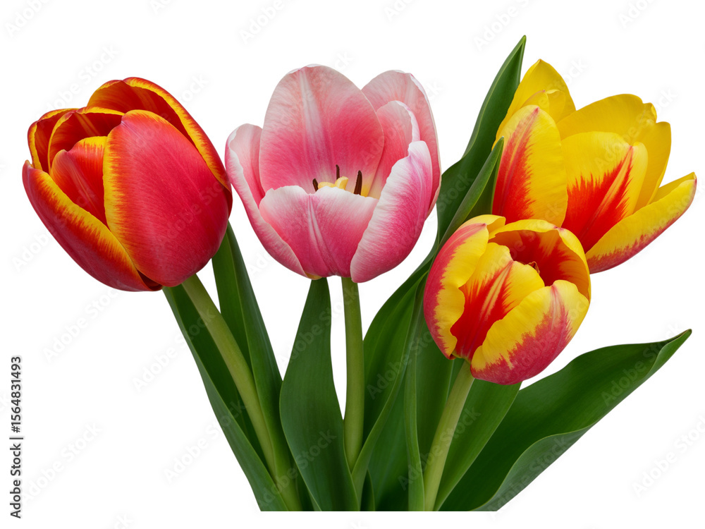 Fototapeta premium A vibrant bouquet of red yellow and pink tulips with green leaves isolated on transparent background