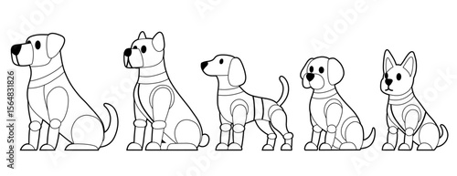 Vector set of contour mechanical dogs various breed. Collection of monochrome outline robot puppies. Animals of the future