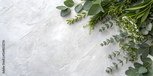 Mixed foliage collection with eucalyptus, flowering branches, and varied leaves displayed on light gray-white painted surface with distressed finish.