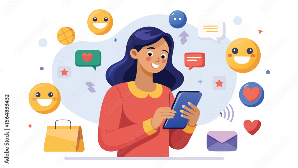Woman using tablet surrounded by emojis, chat bubbles, hearts, stars, and a shopping bag illustration Woman using tablet surrounded by emojis, chat bubbles, hearts, stars, and a shopping bag illustration
