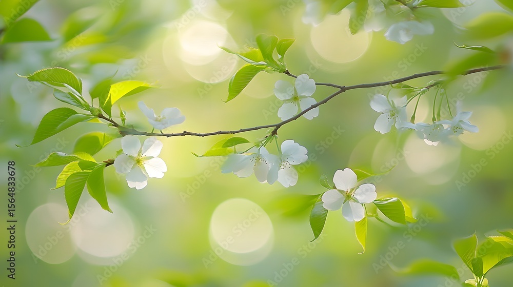 Spring Blossoms White Flowers Branch Green Leaves Sunlight Spring Blossoms White Flowers Branch Green Leaves Sunlight