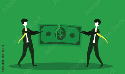 fighting for money. two workers fighting for money. torn banknotes. greedy workers. minimalist character vector design about business