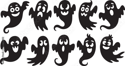 Cute Halloween Ghost silhouette bundle. Funny cartoon Halloween elements and spooky vector icons