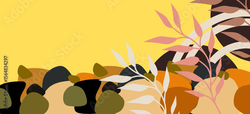 Modern Abstract Background with Tropical Leaves and Geometric Cutout Shapes