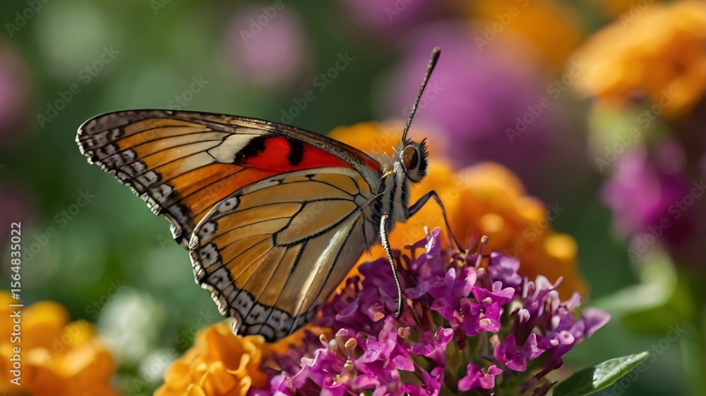 Fototapeta premium A butterfly with orange and red markings on its wings perched on a cluster of small purple flowers