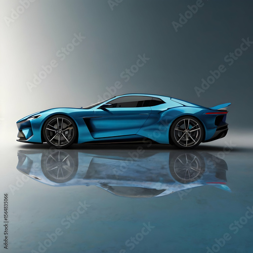 Blue luxury sports car side view, Modern supercar in heavy light, High-performance vehicle concept, Sleek aerodynamic car design, Exotic car on plain floor, Futuristic electric car styling.