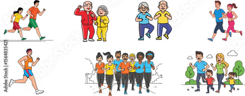 Diverse People Jogging and Running - Family, Seniors, and Athletes Vector Illustration