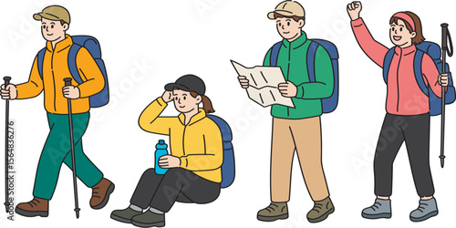 Hiking and Trekking People Character Set with Outdoor Activities