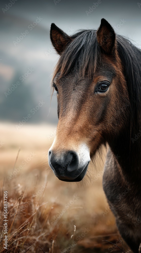 Fototapeta premium Majestic horse standing in a golden field during a misty morning with soft sunlight illuminating its features