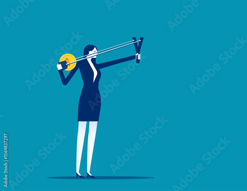 Contemplation. Business throwing coin with slingshot