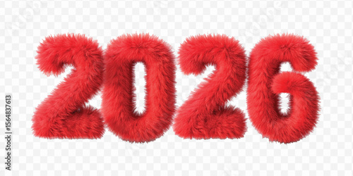 realistic 3d hairy fluffy font number 2026 in different colour style  isolated on transparent background