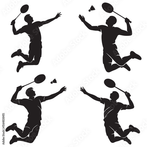 Badminton Player Silhouette Set – Jump Smash Action Vector