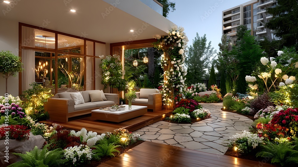 Fototapeta premium Luxury balcony with lush green plants high resolution photo