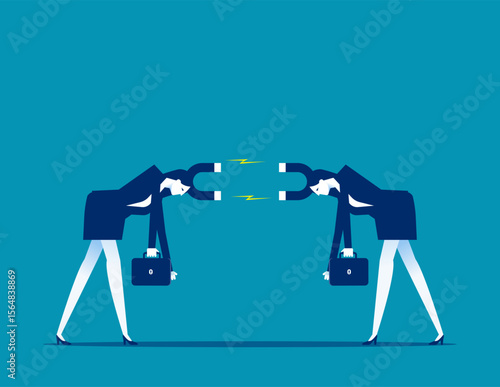 Social Polarization. Magnet headed business person repel or attract each other