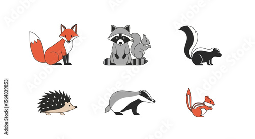 Vector cute forest animals illustration vector design featuring fox raccoon squirrel hedgehog badger and skunk drawing
