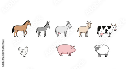 Vector illustration of farm animals including horse donkey goat cow pig sheep and chicken vector graphics