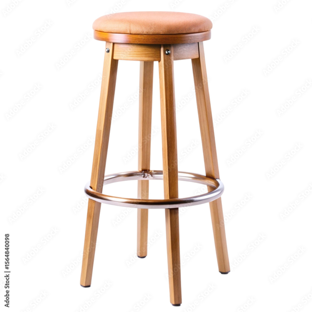 Modern wooden bar stool with padded seat and metal footrest isolated on transparent background Modern wooden bar stool with padded seat and metal footrest isolated on transparent background