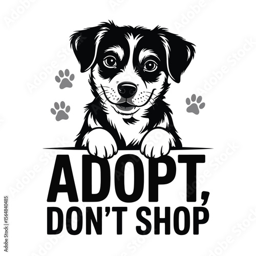 Black and white adoption poster with soulful mixed-breed shelter dog and bold “Adopt, don’t shop” message on textured background