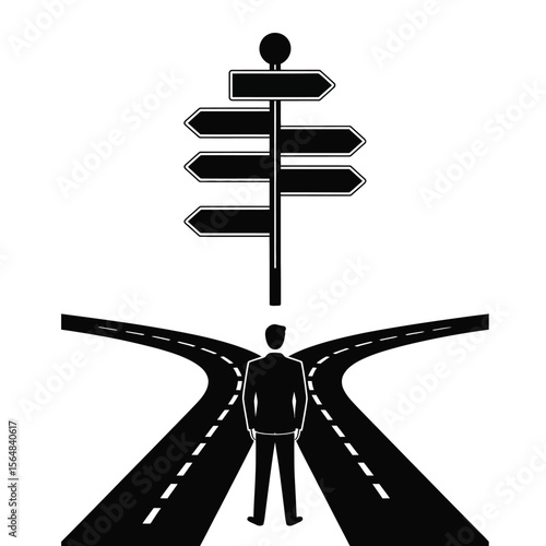 Black and white vector of a businessman standing at crossroads with confusing signs symbolizing decision making and uncertainty in business