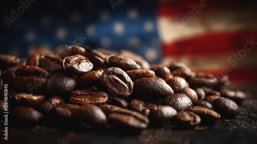 The comforting aroma of freshly roasted coffee beans evokes a sense of home and patriotism set against an American flag