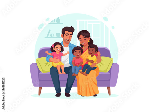 Vector illustration: A happy multiethnic family (parents and little children) having fun at home, sitting together on a sofa. Portrait of an Indian family laughing together on a couch.