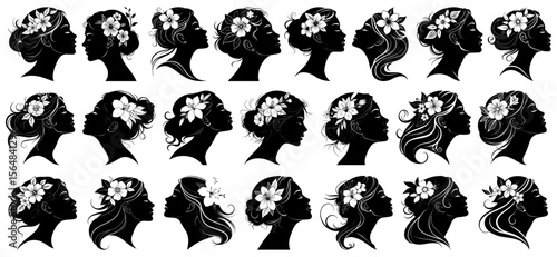 Feminine black silhouette of a woman’s face in profile with flower in hair, ideal for luxury spa or skincare logo