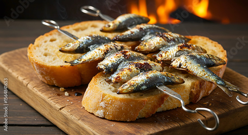 Portuguese Sardinhas Assadas. sardines impaled on metal skewers, skin blistering over charcoal, served on rustic bread to soak up juices 