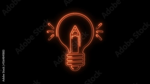 Glowing neon lightbulb and pencil icon animation on black background creative idea concept