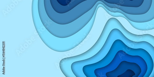 Paper cut topography relief imitation, blue colors multi layers banner. Abstract water flowing liquid texture art design, origami paper cut layer smooth shape vector illustration