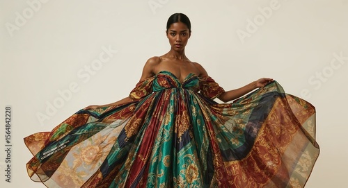 Woman in off the shoulder patterned dress with flowing skirt on a neutral background in a studio shot