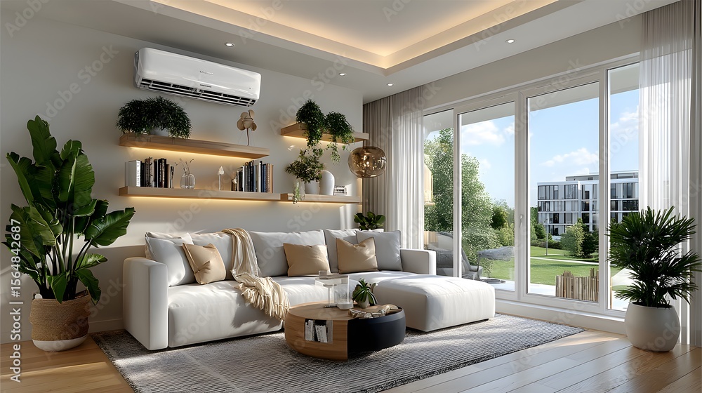 Fototapeta premium Minimalist living room with cozy neutral tones high resolution photo