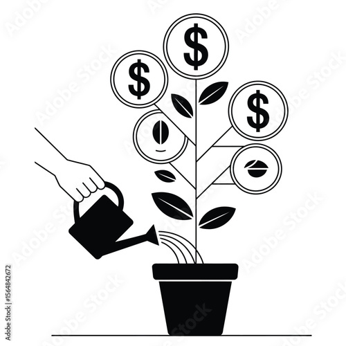 Black and white vector of person watering plant that grows into a money tree as metaphor for financial growth and investment