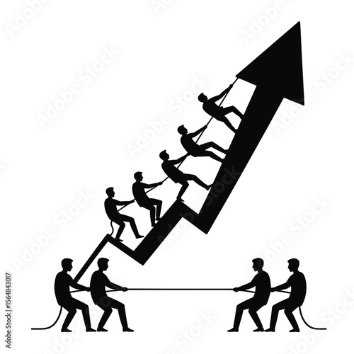 Black and white vector of two teams in tug of war over rising arrow business competition metaphor