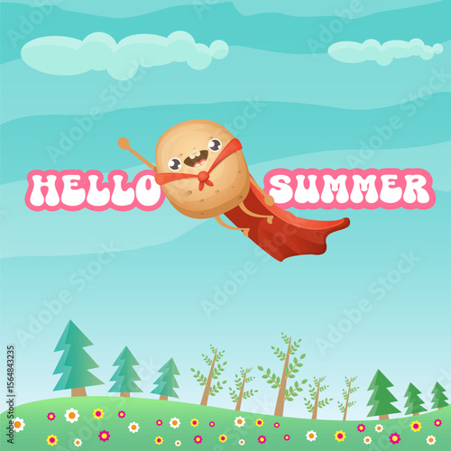 Hello summer banner or greeting card with cute super hero potato with red hero cape on green summer forest landscape background. Super vegetable kawaii food funky character