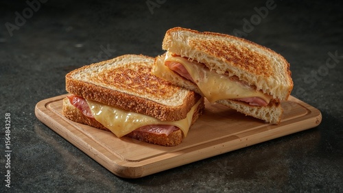 Delicious croque monsieur sandwich on rustic board