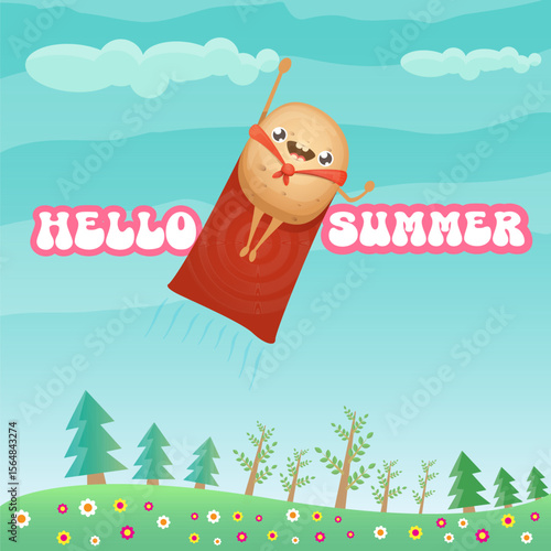Hello summer banner or greeting card with cute super hero potato with red hero cape on green summer forest landscape background. Super vegetable kawaii food funky character