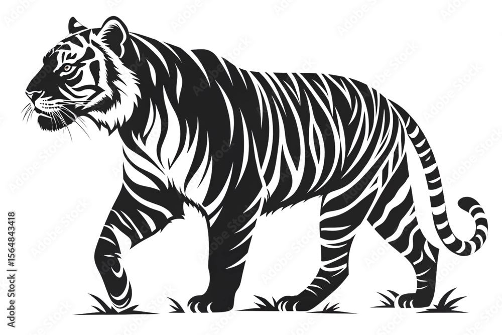 Obraz premium Majestic Bengal Tiger Black and White Illustration of a Powerful Wild Cat Walking in the Grass