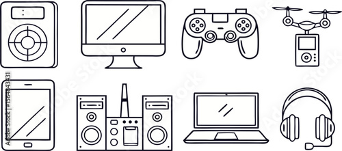 A vector illustration of various communication technology, including mobile phones, audio tapes, and computer devices, displayed on a screen with business icons