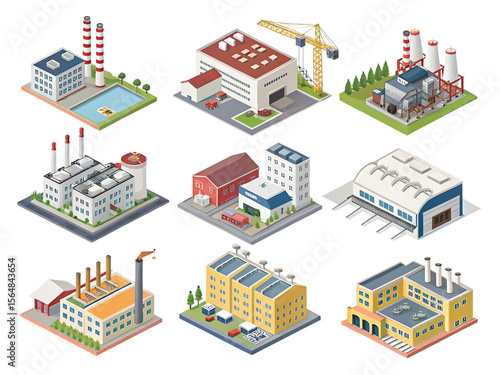 Industrial Factory and Warehouse Silhouette Set, Vector Icon Collection of Manufacturing Buildings with Crane