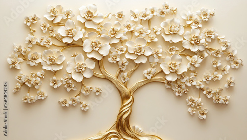Fototapeta Naklejka Na Ścianę i Meble -  3D Golden Tree with Flowers on Cream Mural