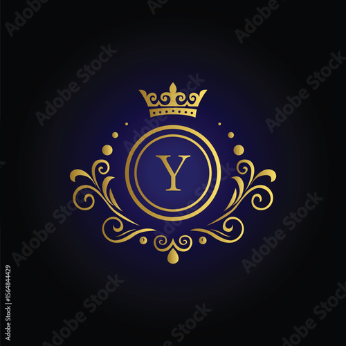 Sophisticated letter Y logo with golden crown swirls and blue background for exclusive brand identity