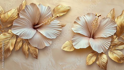 3D Gold Hibiscus Flowers on Beige Mural